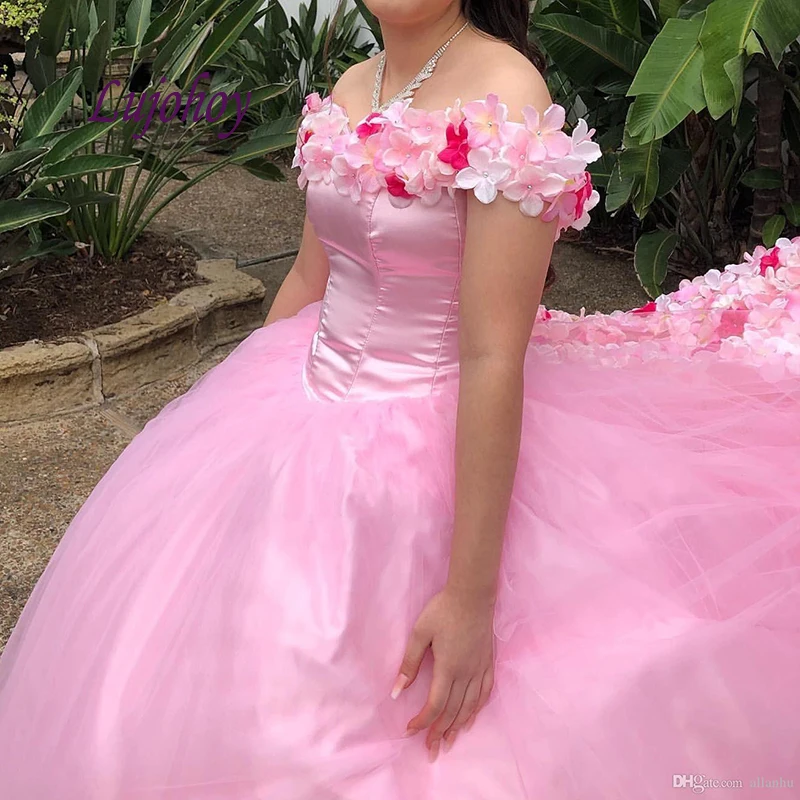 Розовое платье Quinceanera бальное размера плюс пышное маскарадное с цветами для