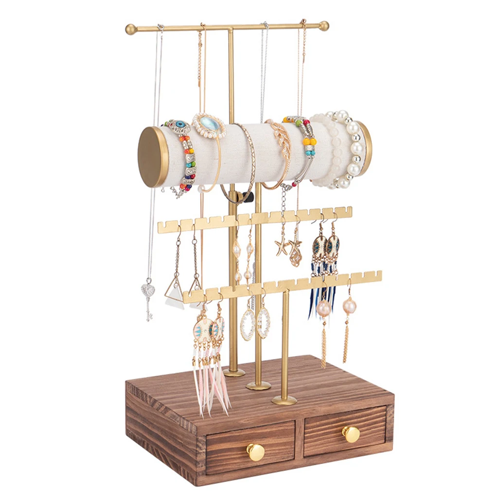 3 Tier Jewelry Stand Tower with Wooden Drawer for Earring Necklace Pendant Display Stand Jewelry Organizer Holder Showcase