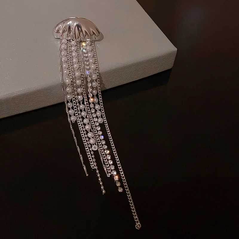

LOVOACC Kawail Shiny Rhinestone Jellyfish Long Dangle Drop Earrings for Women Metallic White Pearl Chains Tassel Earrings Gift