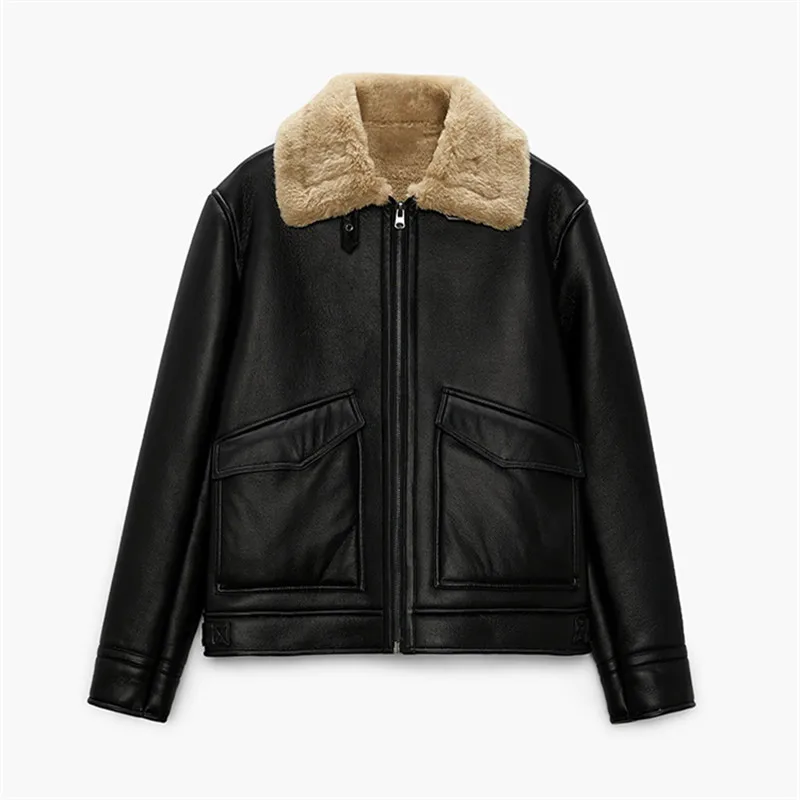 

ZA Men's 2021 winter new fur collar fur one imitation leather big pockets plus velvet thick jacket jacket