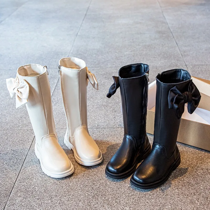

Kids Long Boots Knee Bowknot White Black Fashion Sweet Pu Leather Girl's Autumn Boot 26-36 Elegant Chic Comfy Children Shoes
