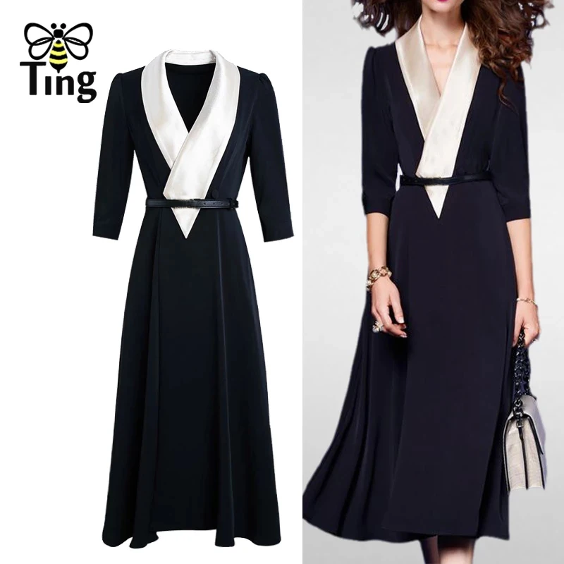 Дизайнерское модельное модное черное платье средней длины Tingfly офисное