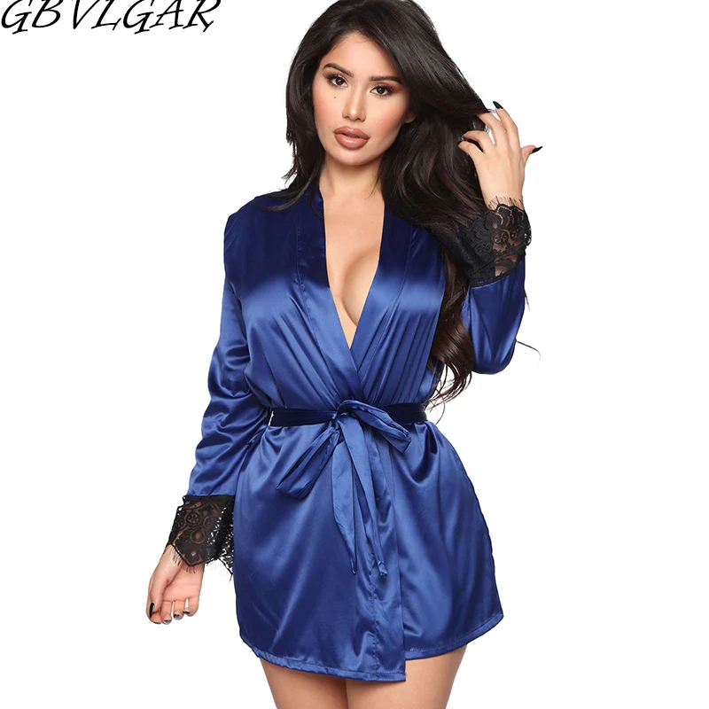 

Deep V Neck Long Sleeve Satin Loose Dress Sleepwear Sheer Lace See Through Fashion Pajamas Dress Homewear Women Solid Mini Dress