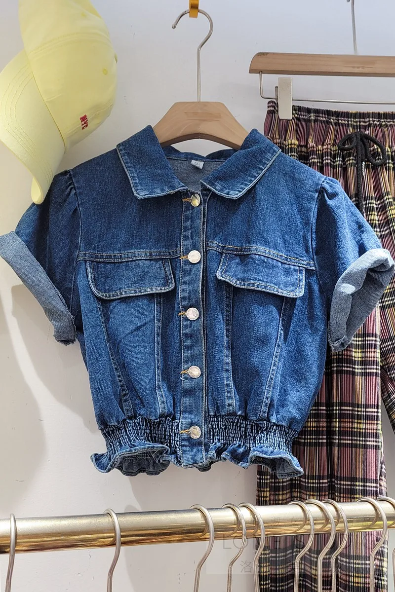 

Short Sleeved Denim Top Women's 2021 Fashion Shorts Double Pocket Elastic Jacket High Waist Top Women's Blue Jeans Jacket