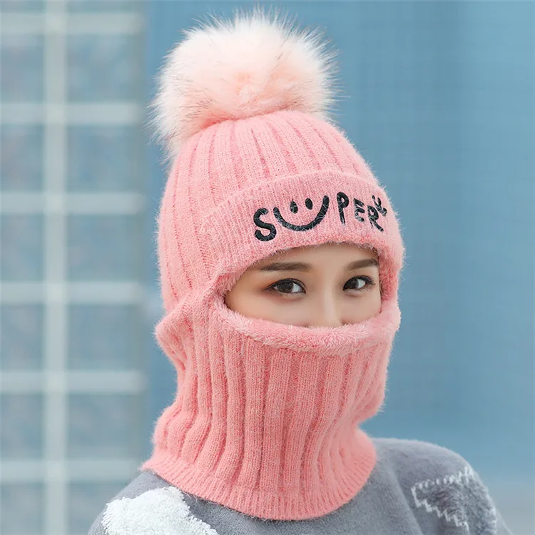 pink Брендовый зимний набор с шапочкой женский шерстяной вязаный маска-шляпа Дамская Теплая Бархатная Толстая велосипедная шапка шапочки Skullies шапка женское колье джемпер шапка - Цвет: pink