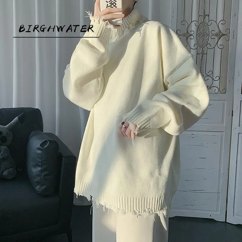 

Autumn Winter Men Sweater Solid Color Casual Loose Knitting Turtleneck Sweater tassel Pullovers Hip hop Street Male Tops