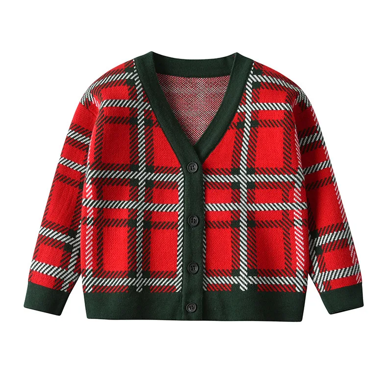 Зимний свитер 2020 детский вязаный в клетку кардиган для маленьких мальчиков с V