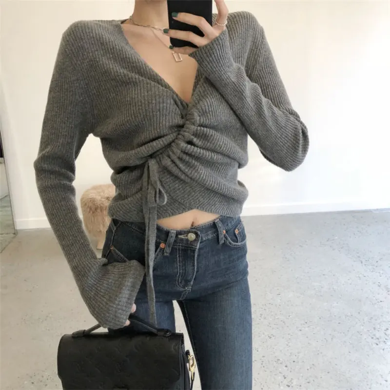 Однотонные Топы HziriP с V-образным вырезом свободные базовые вязаные повседневные