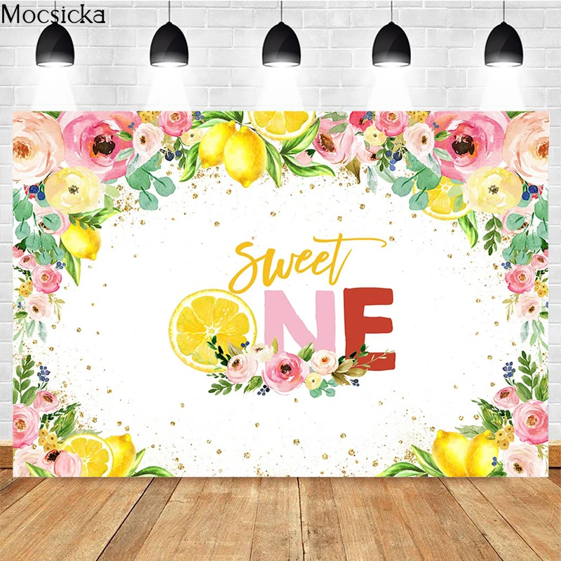 

Mocsicka Sweet One Year Old Photography Background Lemon Flowers Decoration Props Happy Birthday Photo Backdrop Banner