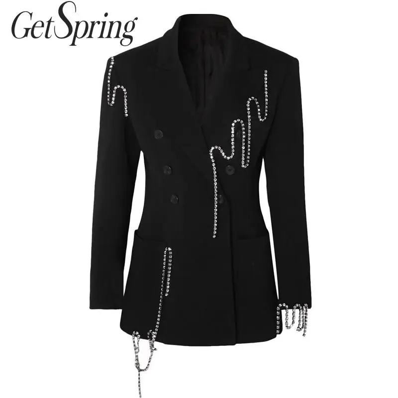 Женский двубортный Блейзер GetSpring черный блейзер с длинным рукавом и кисточками