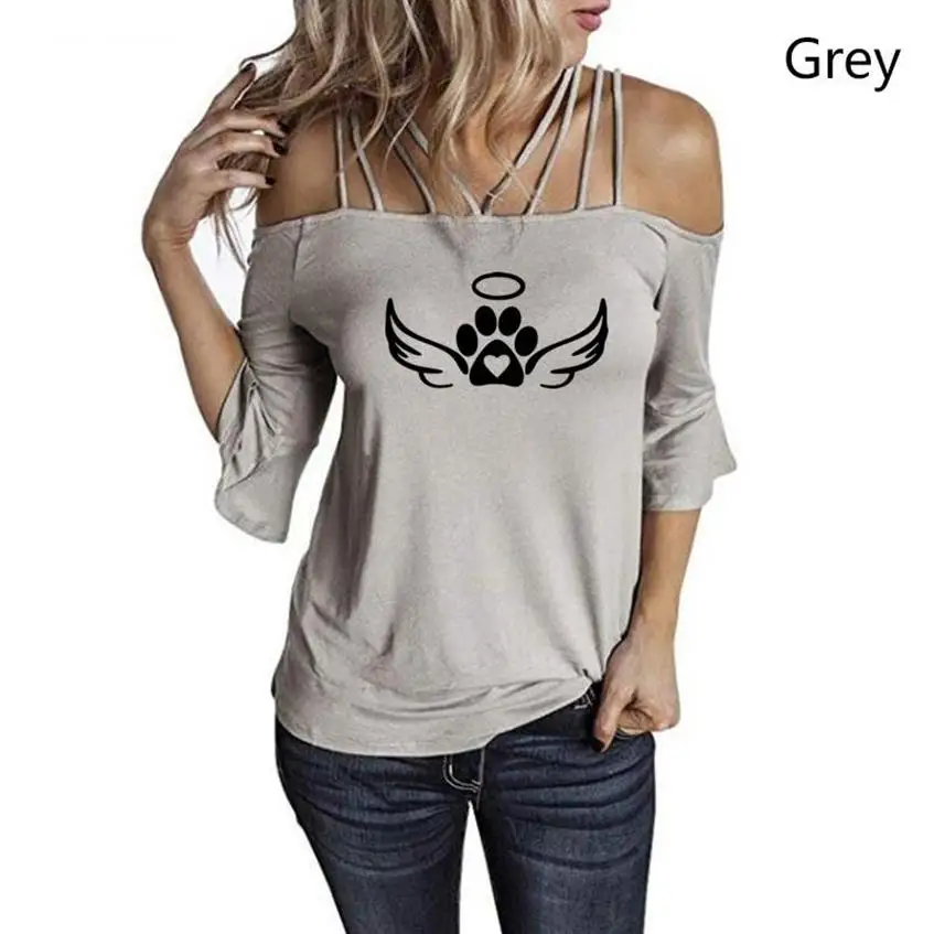 

2021 Summer Slim Style Women T-shirt Off Shoulder Slings Sexy Angel Wing Female T-shirt Dog Paw Plus Size