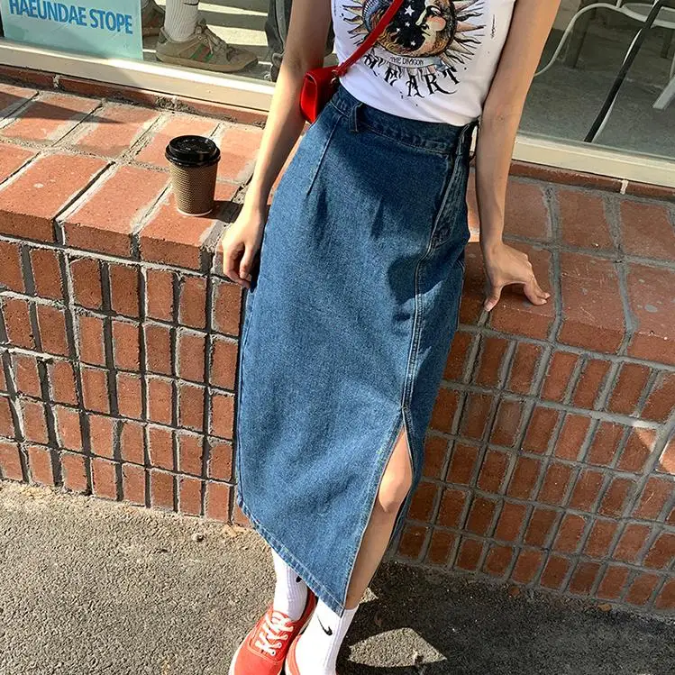 

ZHISILAO Long Denim Jeans Skirt Women High Waist A-line Split Skirt Solid Vintage Summer 2021 Elegant Skirt Plus Size Chic