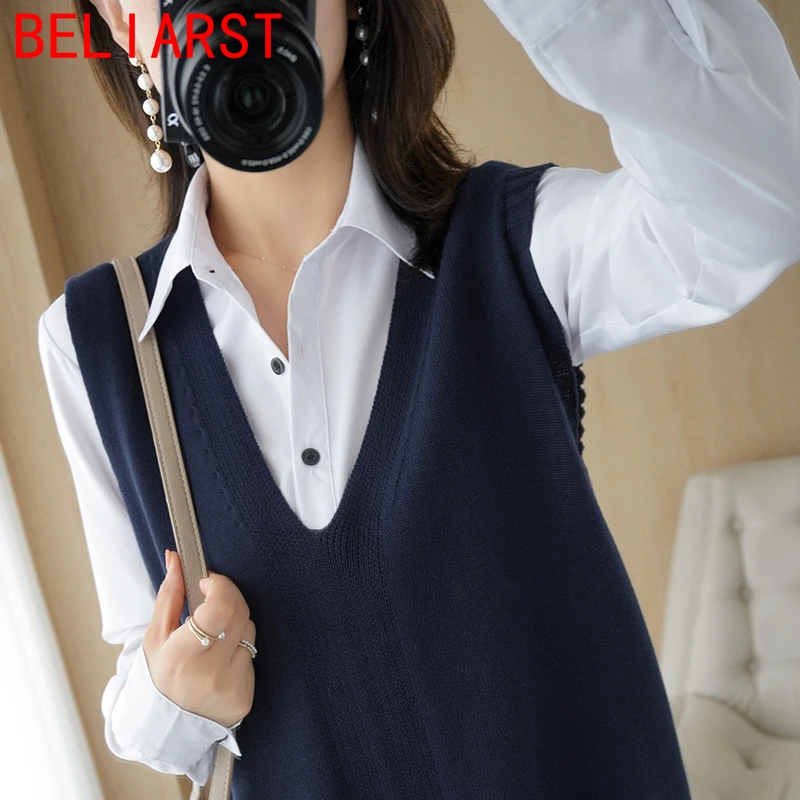 

BELIARST 100% Pure Cotton Thread Sleeveless Knit Vest Women's V-Neck Loose Thick Hedging Waistcoat Vest Jacket Sweater Top