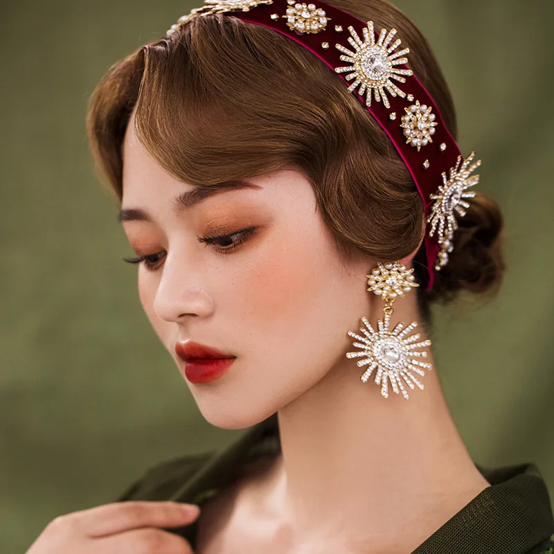 

Red velvet bridal hairband headdress handmade wedding hair accessories jewelry earrings headband jewelry set
