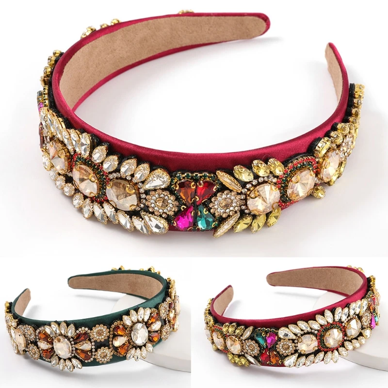 

Multicolor Glass Drill Floral Velvet Headband Baroque Glitter Rhinestone Wide Hair Hoop Geometric Jewelry Prom Bandana