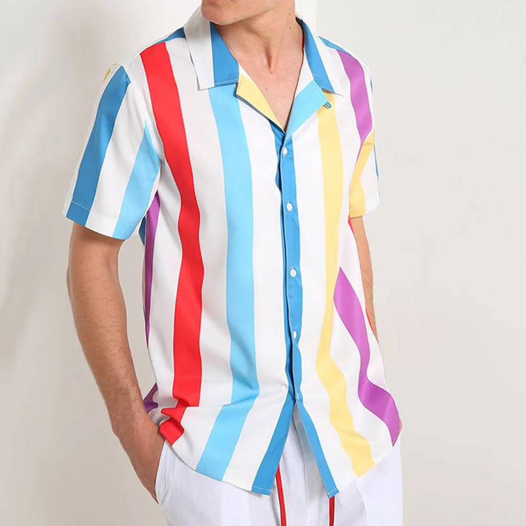 Мужская рубашка в полоску с коротким рукавом и пуговицами | одежда
