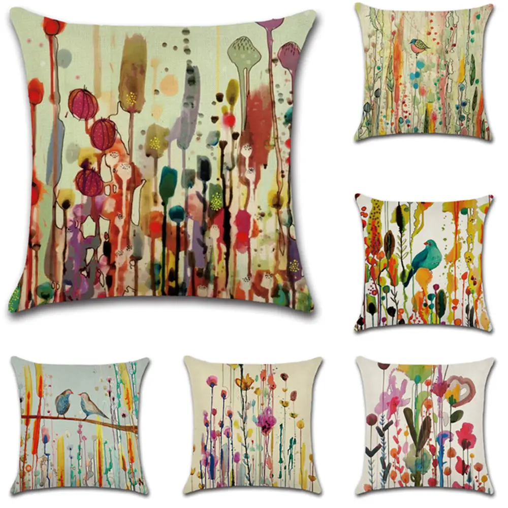 

Gouache Scenery Bird Printing Cushion Cover Home Decorative Retro Plant Flowers Pillow Case Linen Sofa Pillowcase Gift 45*45cm