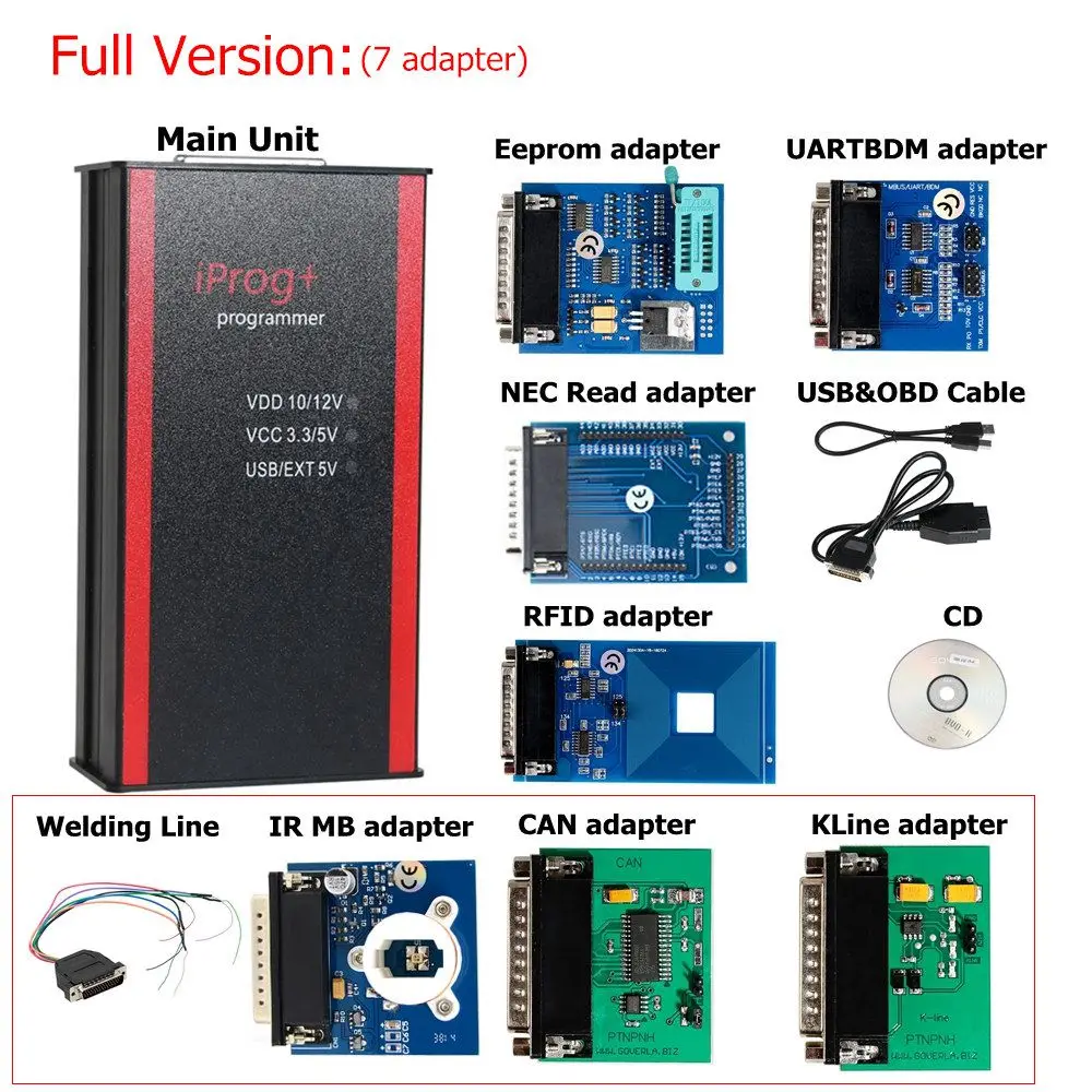 Full 7 adapter IPROG+ Iprog программист V80 поддержка год 3в1 IMMO+ коррекция пробега+ сброс подушки безопасности с K Line/CAN BUS/MB IR адаптеры - Цвет: Full 7 adapter