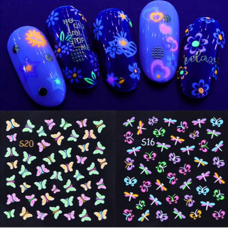 

24 шт., светящиеся красочные 3d-наклейки-бабочки для ногтей