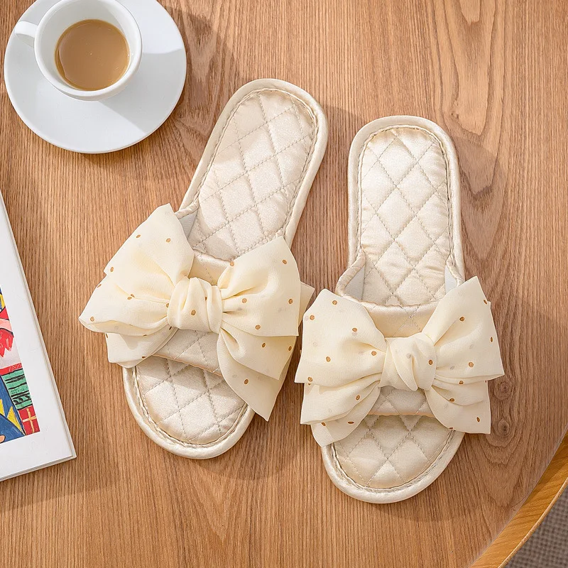 New Home Comfortable Linen Slippers Breathable Indoor Fabric Slippers Silk Big Bow Slippers