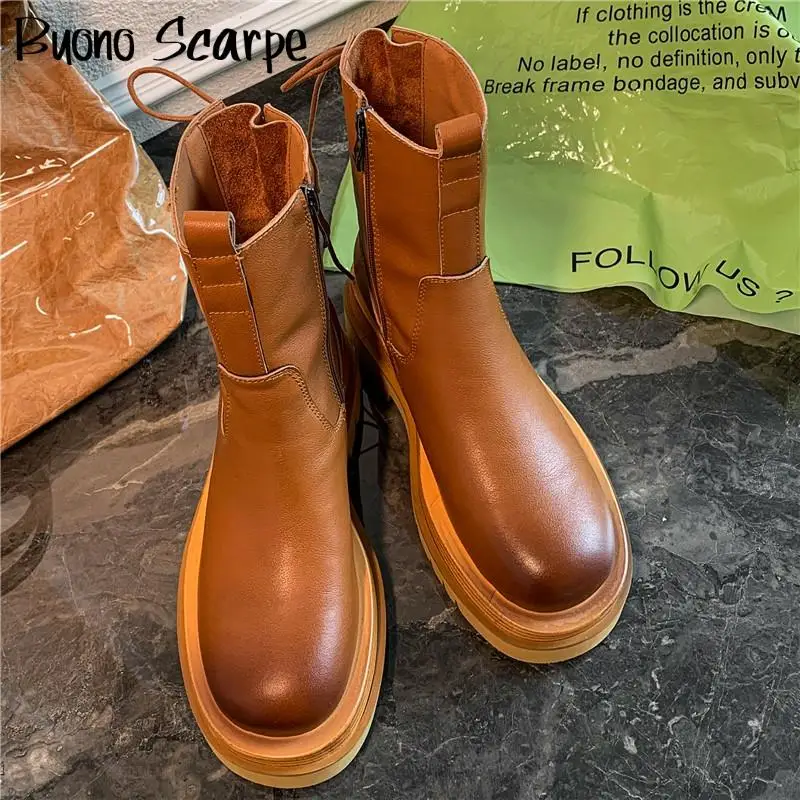 

Retro Women Ankle Boots Genuine Leather Platform Boots Punk Motorcycle Botas Mujer Brand Designer Laces Ankle Boots Chunky Shoes