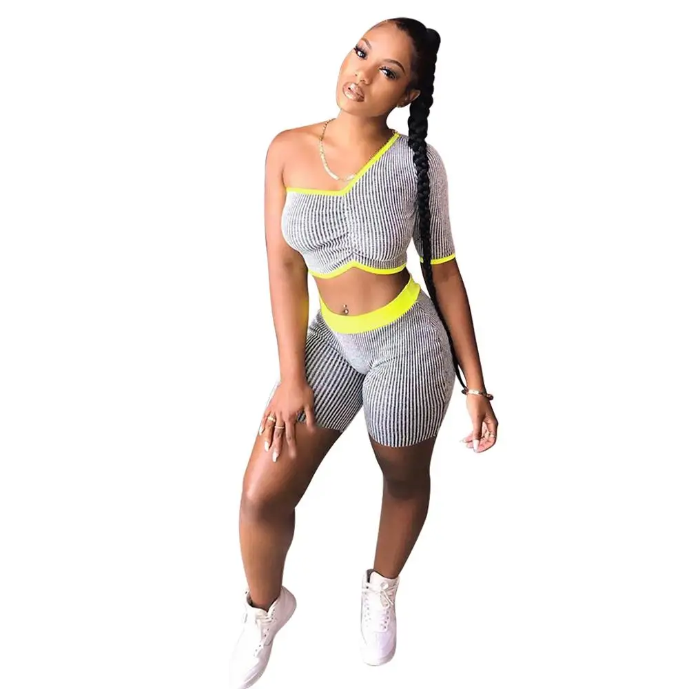 Casual stripe Two Piece One Shoulder Short Set | Женская одежда
