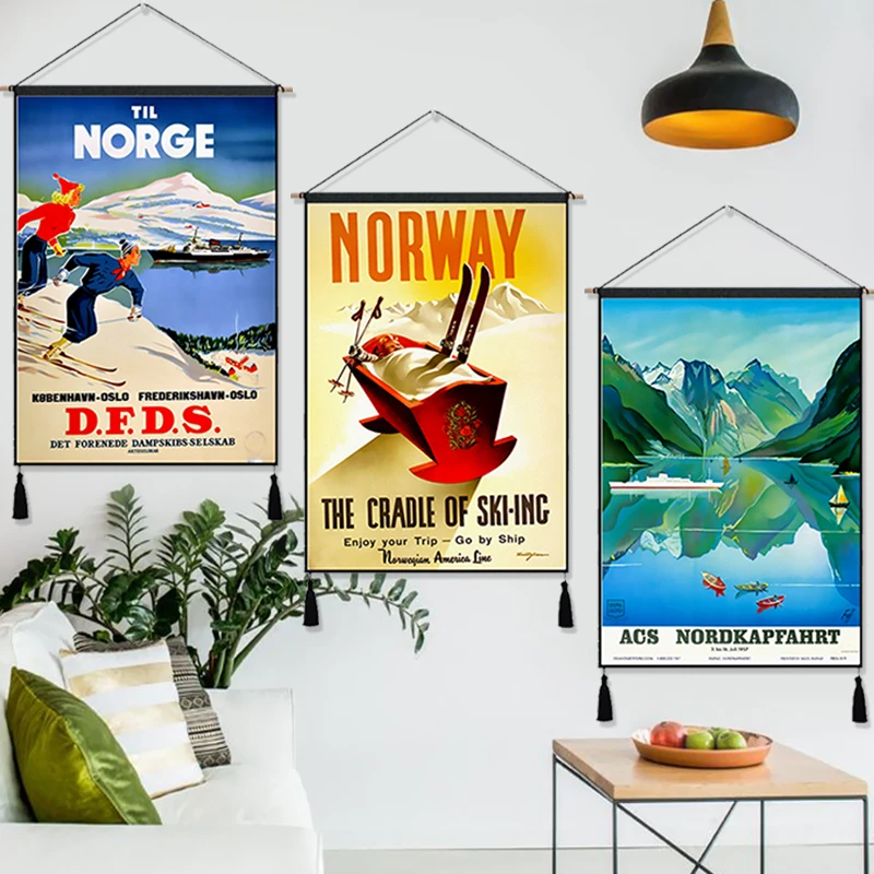 Винтажный подвесной тканевый постер для катания на лыжах в Норвегии Норге Осло