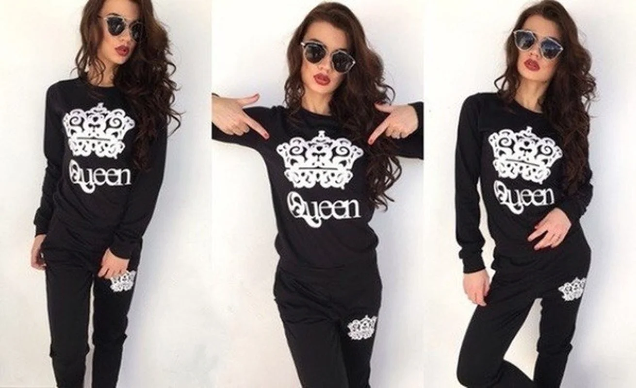 

Donsignet Women's Suit New Fashion Round Neck Pullover Pure Color Crown Printing Long-sleeved Trousers Sports Two-piece Suit