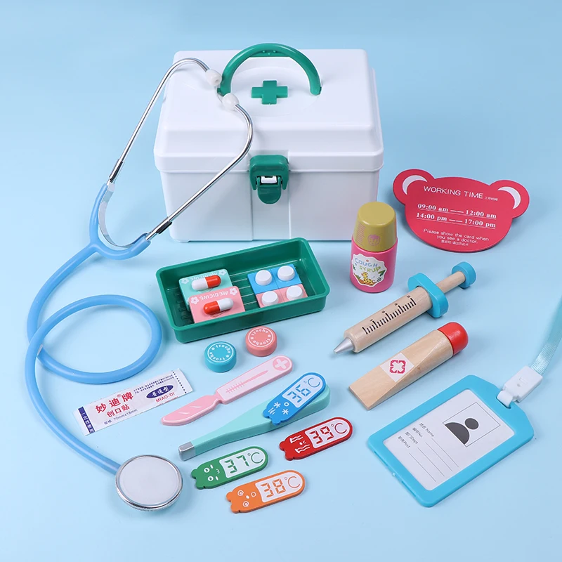 Kids Wooden Doctor Toy Set Simulation Family Doctor Nurse Medical Kit Toy Pretend Play Hospital Medicine Accessorie Children Toy