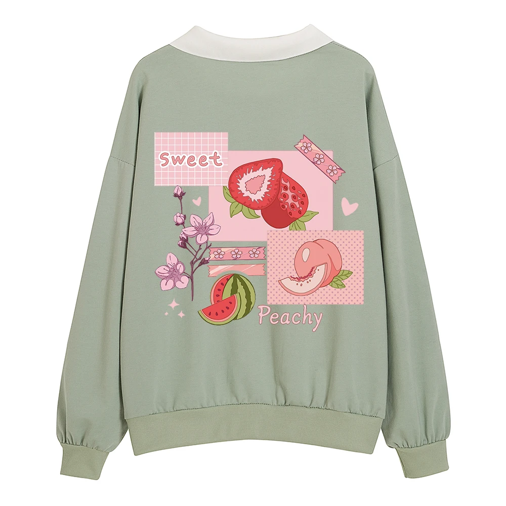 Spring Autumn Sweatshirt Woman Cartoon Harajuku Polo Collar Trendy Hoodies for Women Kawaii Japanese Style Strawberry Sweetshirt