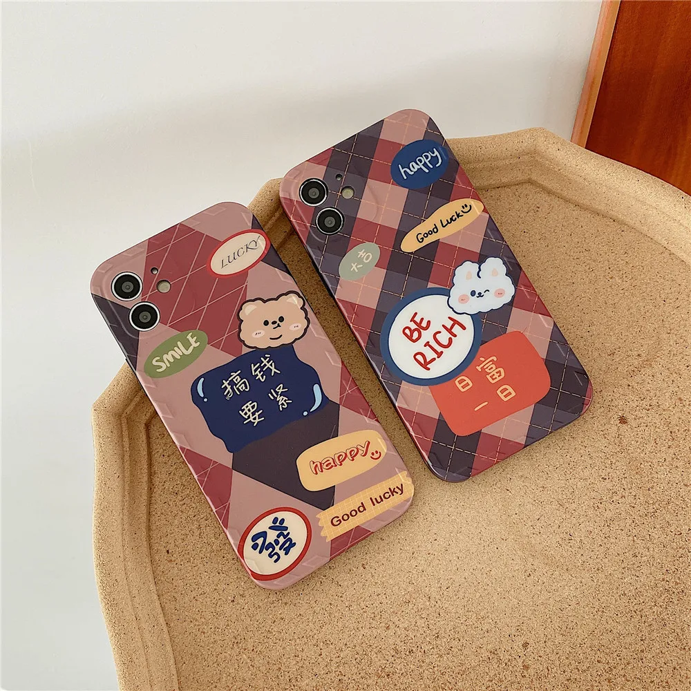 

INS Color Lattice Cartoon Bear Phone Case For iPhone 13 12 11 PRO MAX XS X XR AntiFall IMD Silicone Soft Camera Protective Cover