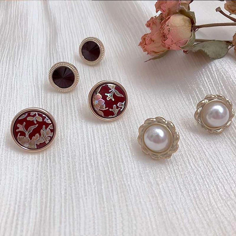 Retro Flowers Inlaid Imitation Pearl Earrings Female Creative Simple Alloy Stud Jewelry Party Gift Ear 6 Pcs/Set | Украшения и
