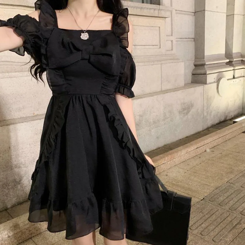 

Harajuku Summer Kawaii Gothic Dress Women Elegant Sweet Solid Color Fungus Ruffle Black Dress Japanese Korean Casual Party Dress