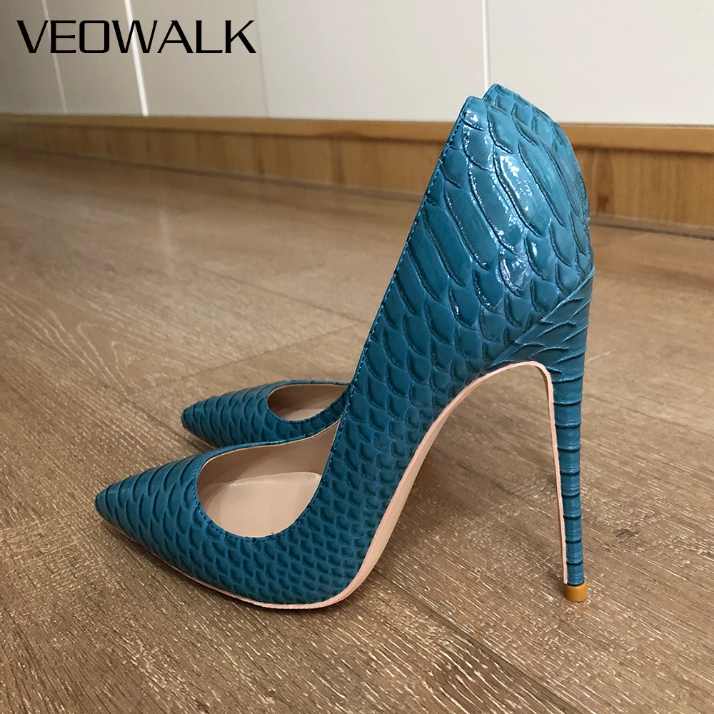 

Veowalk Blue Croco-Effect Women Pointed Toe Sexy Stiletto Pumps 8cm 10cm 12cm Thin High Heel Party Shoes Large Size 43 44 45