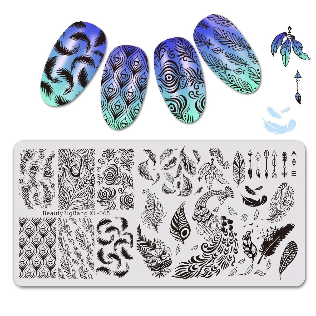 

BeautyBigBang Nail Art Stamping Plate Nail Template Print Stencil Peacock Stainless Steel Stamp Templates XL-065 Feather Image