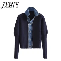jxmyy 2022 autumn women new loose single breasted versatile long sleeve patchwork denim top knitted cardigan sweater knitted