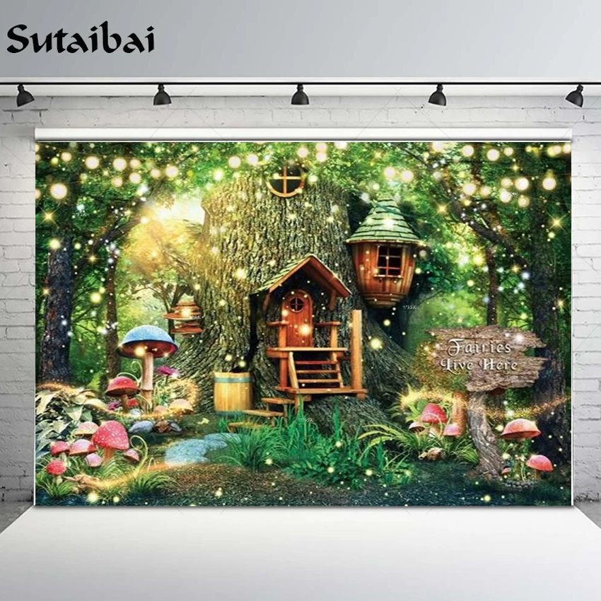 

Fairy Wonderland Birthday Party Background Baby Shower Magic Enchanted Forest Tree House Glitter Spring Mushroom Photo Backdrop