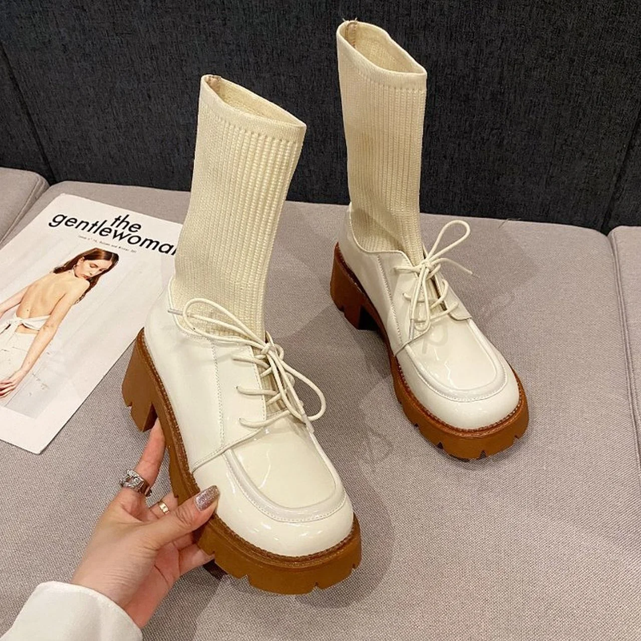 

Martin boots stretch socks boots 2021 new ladies thick-soled high-heeled thick heel boots retro round head Mary Jane boots women