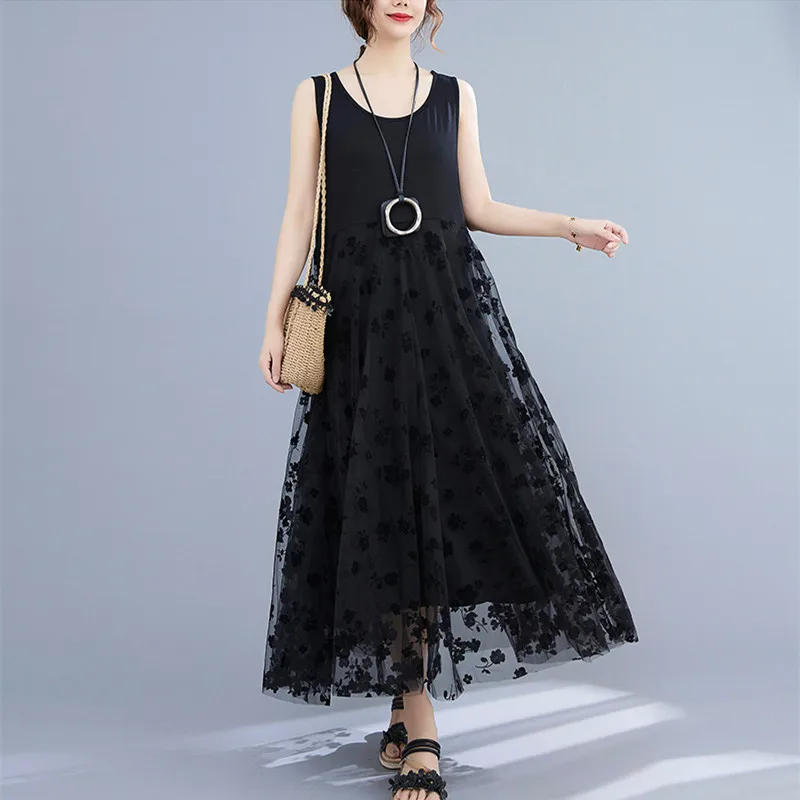 

Женское кружевное платье без рукавов Johnature, однотонное Повседневное платье-чехол составного кроя с круглым вырезом, свободного кроя, летний...