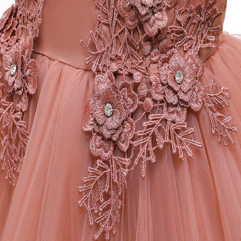 

Flower Girls Dress Illusion Appliques Bow Crystal Embroidery Tulle Lace Knee-Length Luxury Purple Kids Party Princess Gown F195