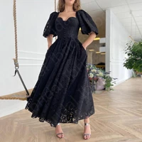 gorgeous black lace evening dresses ankle length back out wedding guest gowns with half sleeves little black dress front slit