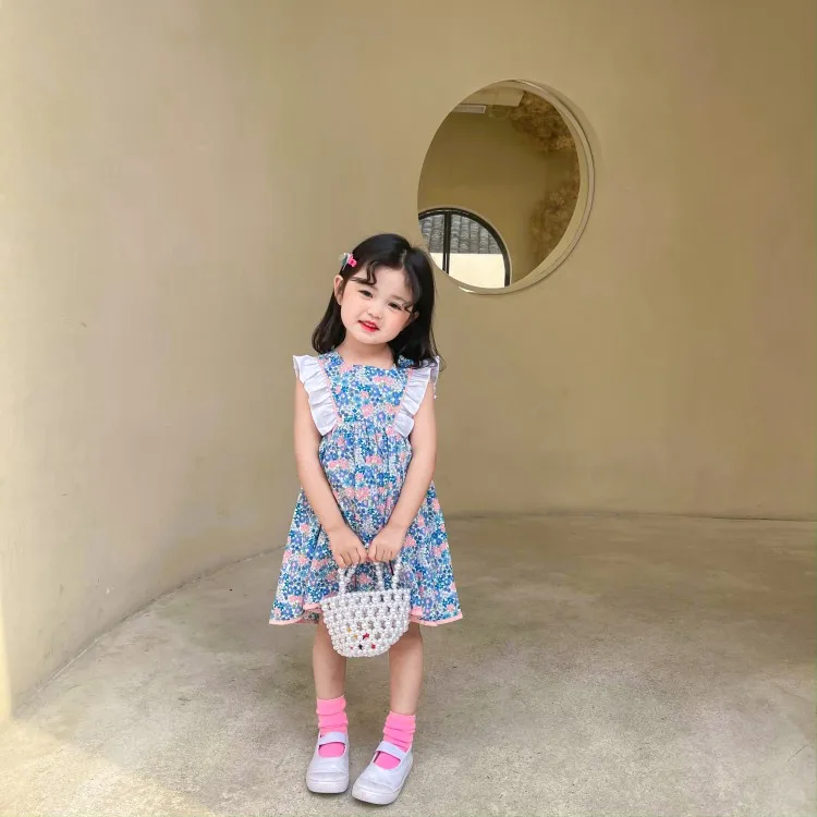 

Girls Summer Sleeveless Dresses Baby Pink bow Dress Kids Floral Clothes Children Clothing