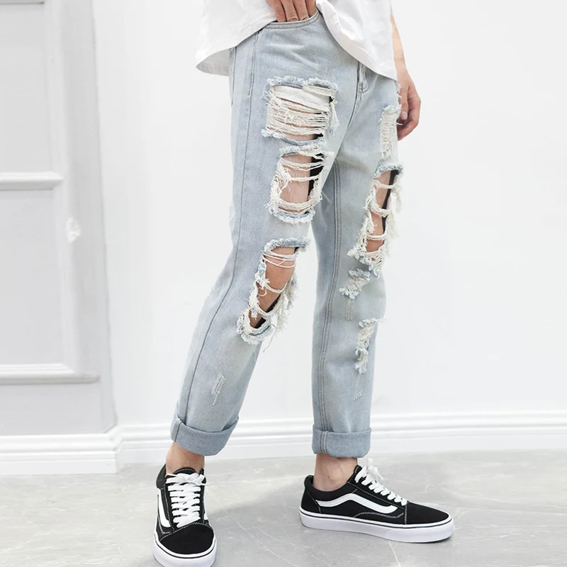 Японская Корейская версия модных мужских брюк девять брюк хип-хоп брюки с большими отверстиями джинсы для пар индивидуальный ночной клуб от AliExpress RU&CIS NEW