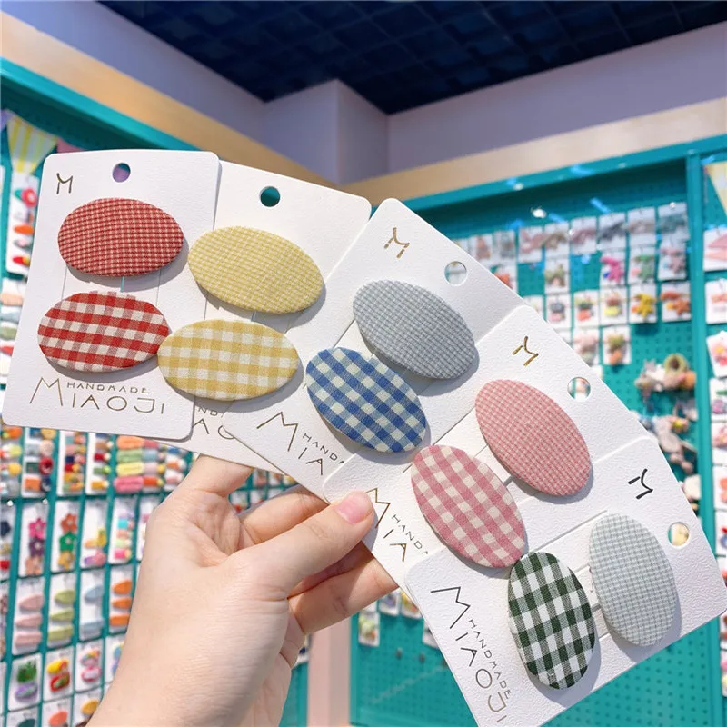 

1 Pair New Korean Children Simple Cute Oval Lattice Fabric BB Clip Fashion Sweet Girl Princess Hairpins Hair Accessories
