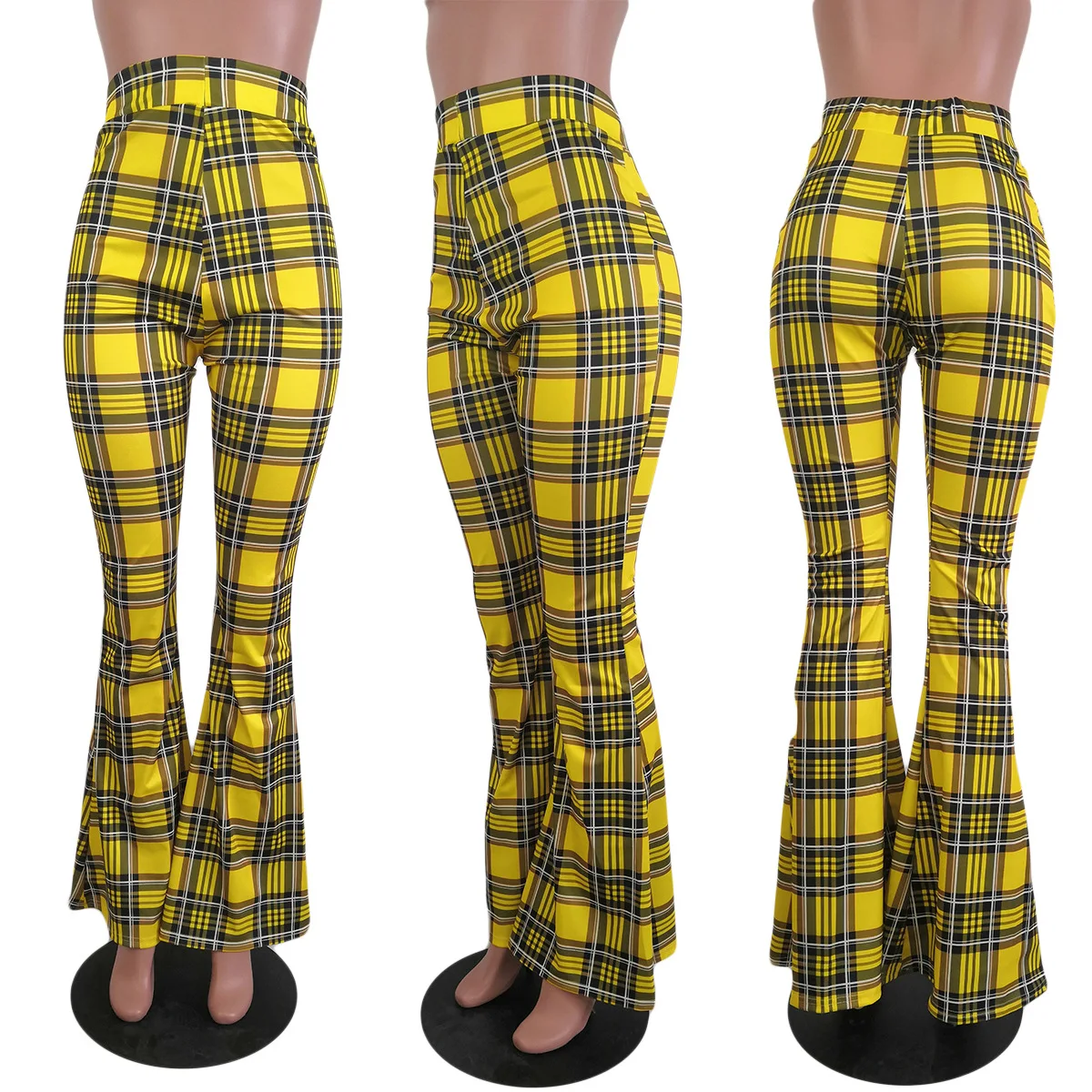 

Plug Size Ladies Classic Plaid Printed Pants Casual Flare Pants