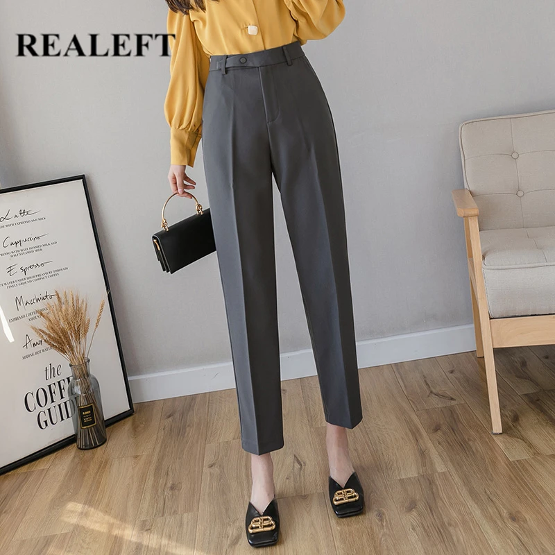 

REALEFT 2020 New Spring OL Style Women Formal Harem Pants Pockets High Waist Elegant Button Office Lady Ankle-Length Pants