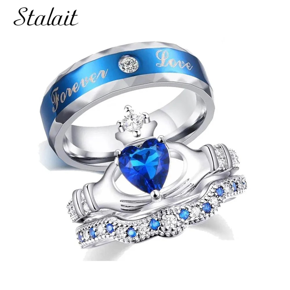 Синий кольцо вечной любви комплект класса люкс ручной корона Сердце Циркон