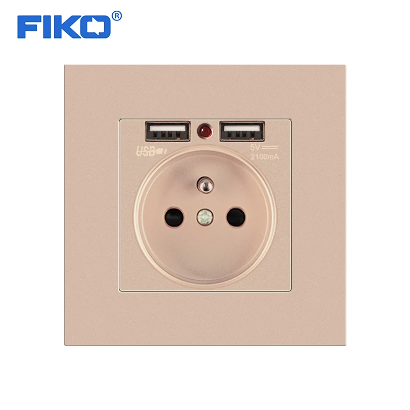 

FIKO 16A EU French wall power standard with USB, Gold PC panel Household wall power socket with dual USB ports86mm*86mm