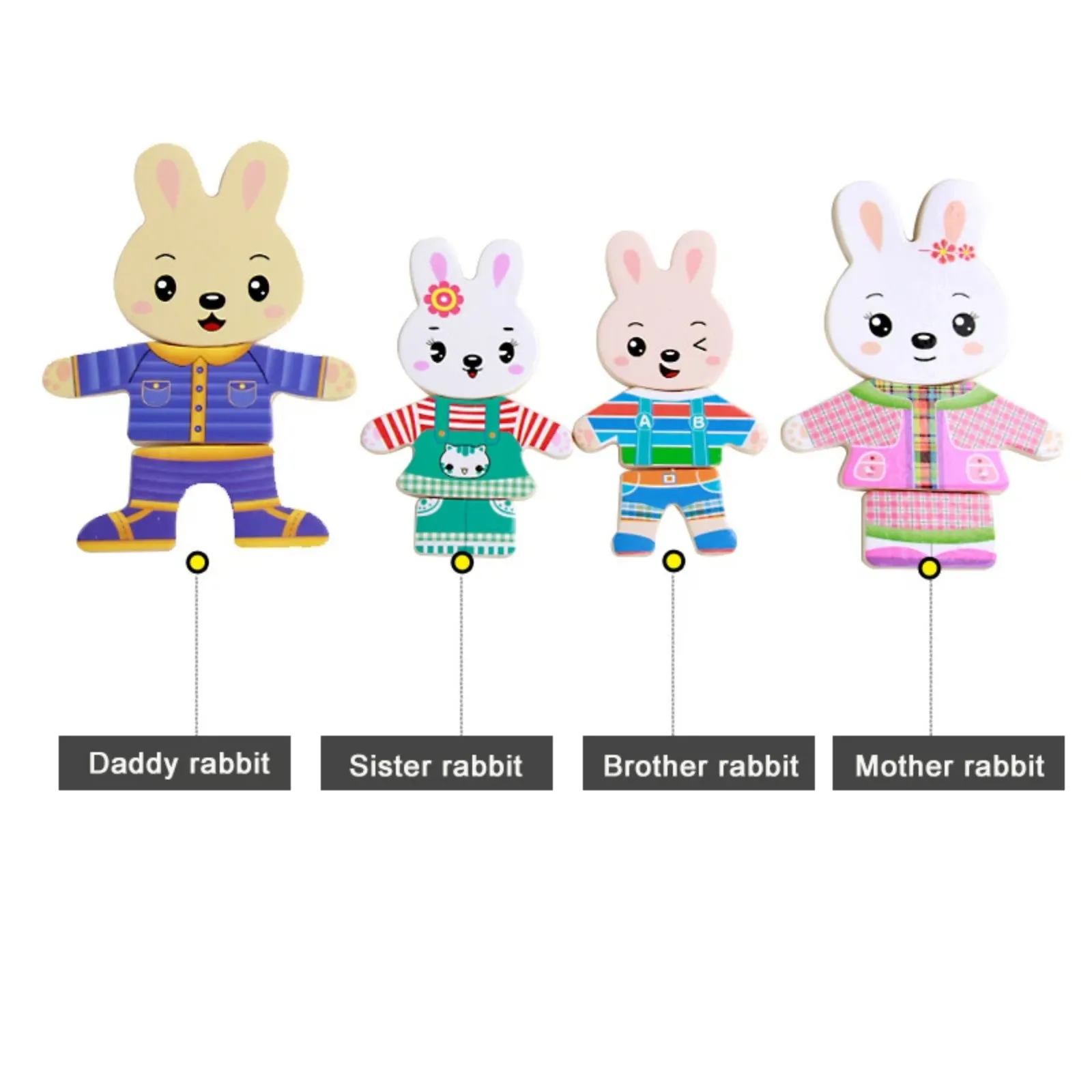 

Cartoon 4 Rabbit Bear Dress Changing Jigsaw-Puzzle Wooden Toy