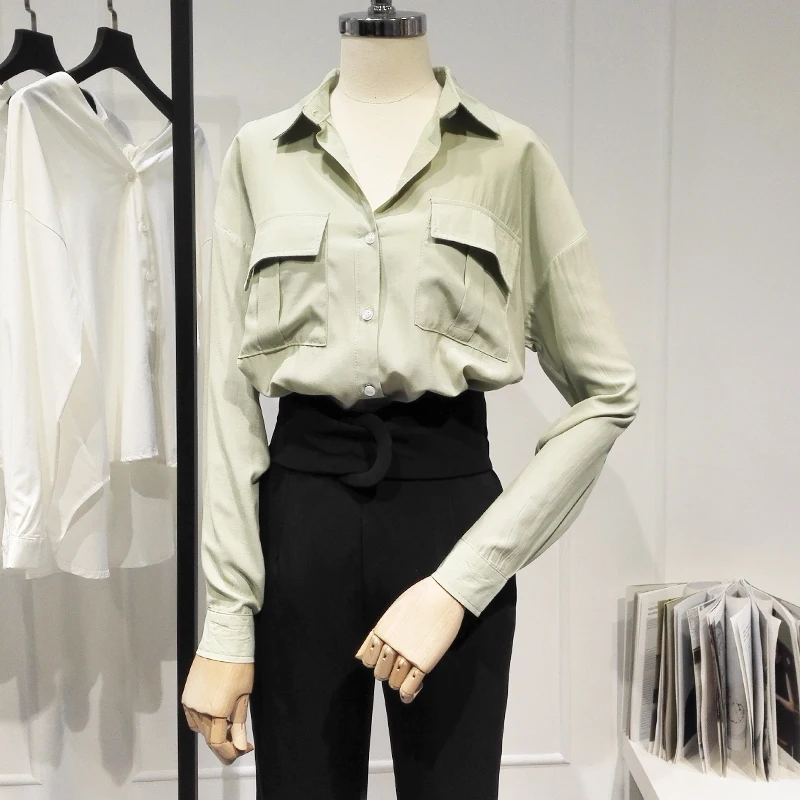 

2021 Spring New Summer New Pocket Women Shirts Loose Long-sleeved Office Lady Elegant Shirts Outwear Coat Tops